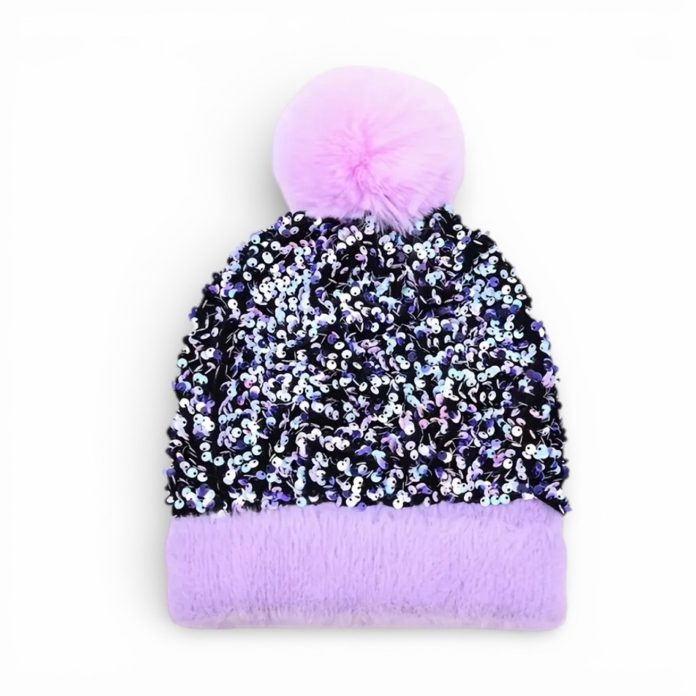 Sequin Pom Pom Knit Beanie In Purple NWOT